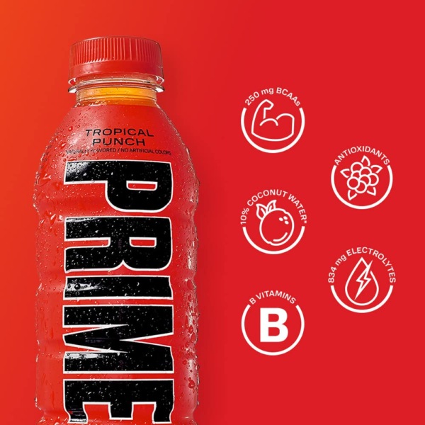PRIME Hydration TROPICAL PUNCH | Sports Drinks | Electrolyte Enhanced for Ultimate Hydration | 250mg BCAAs | B Vitamins | Antioxidants | 2g Of Sugar | 16.9 Fluid Ounce | 12 Pack - Image 3