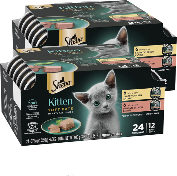 Sheba Perfect Portions Kitten Wet Cat Food Pate Salmon Entree, 2.6 oz. Twin-Pack Trays (24 Count, 48 Servings)