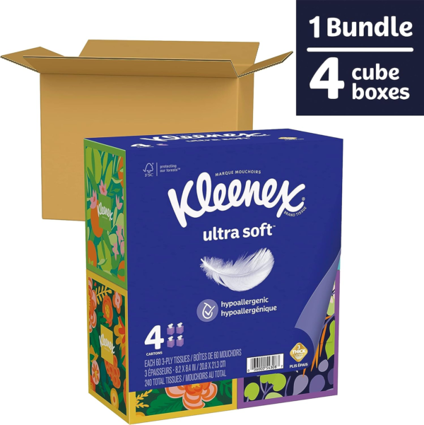 Ultra Soft Facial Tissues, 4 Cube Boxes, 60 Tissues per Box, 3-Ply (240 Total Tissues), Packaging May Vary (Pack of 2) - Image 3