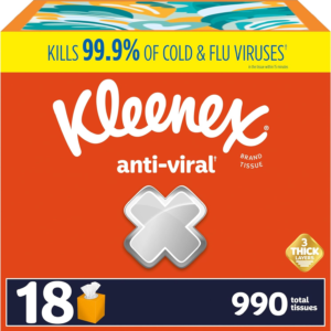 Anti-Viral Facial Tissues, Classroom or Office Tissue, 18 Cube Boxes, 55 Tissues per Box, 3-Ply (990 Total Tissues)