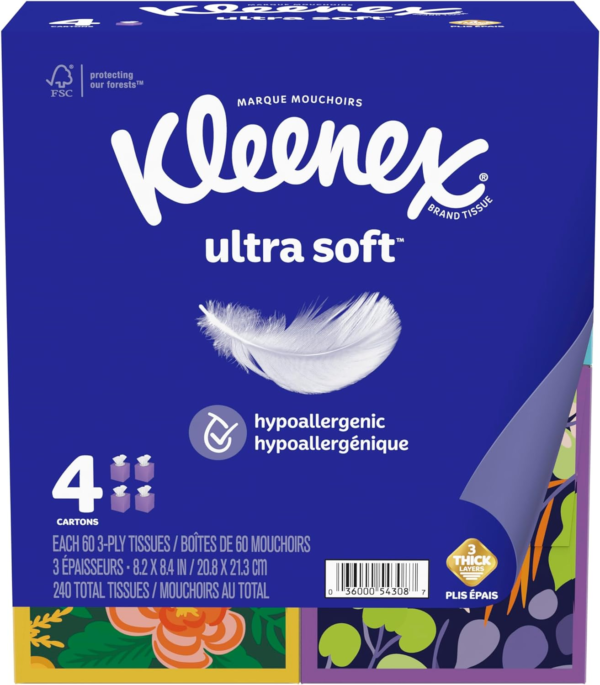 Ultra Soft Facial Tissues, 4 Cube Boxes, 60 Tissues per Box, 3-Ply (240 Total Tissues), Packaging May Vary (Pack of 2) - Image 2