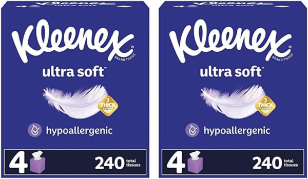 Ultra Soft Facial Tissues, 4 Cube Boxes, 60 Tissues per Box, 3-Ply (240 Total Tissues), Packaging May Vary (Pack of 2)