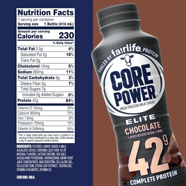 Core Power Elite High Protein Shake with 42g Protein by fairlife Milk, Chocolate, 14 fl oz - Image 3