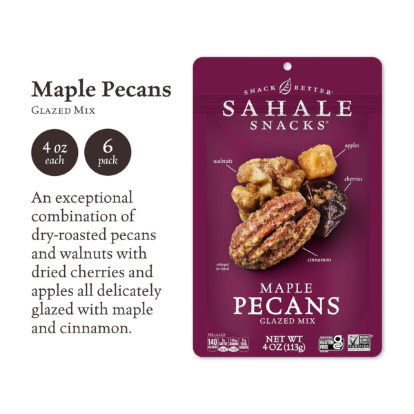 Maple Pecans Glazed Mix, 4 Oz Pouches (6 Packs) Dry-Roasted, Deluxe Mixed Nuts with Cherries, Apples, Maple, and Cinnamon - Non-Gmo, Kosher, and Certified Gluten-Free Snacks - Image 4