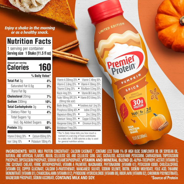 Shake Limited Edition 30G 1G Sugar 24 Vitamins Minerals Nutrients to Support Immune Health, Pumpkin Spice, 11.5 Fl Oz (Pack of 12) - Image 5